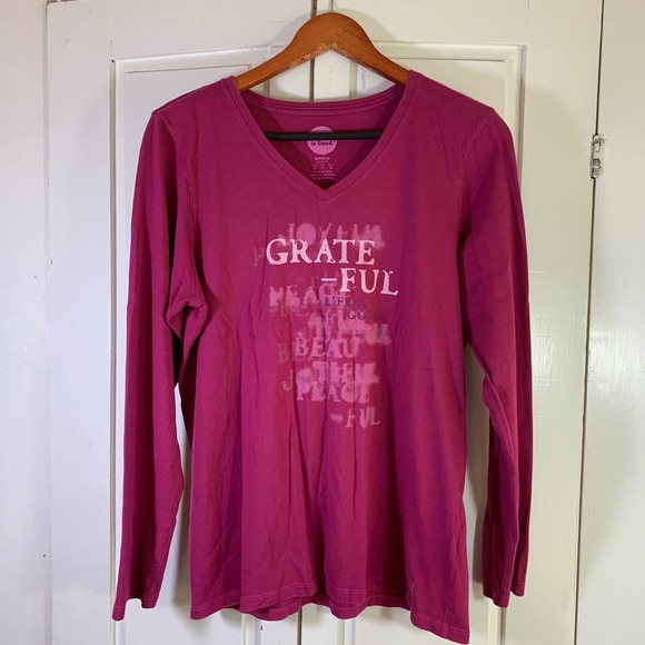 Life Is Good Tops - Life is Good Gratitude T-Shirt Womens Large Grateful V-Neck Cozy Comfy Cabincore